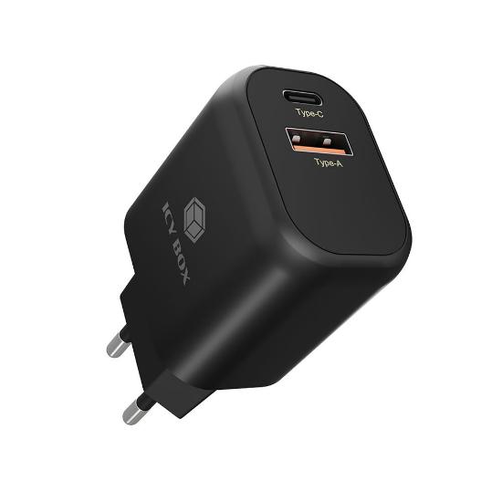 Polnilec ICY BOX IB-PS102-PD, 20W, PD, QC 3.0, USB-A, USB-C, črni