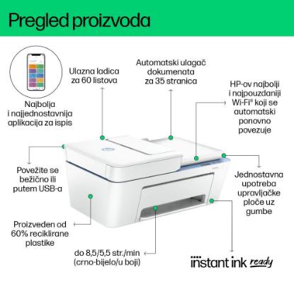 Multifunkcijski tiskalnik HP DeskJet 4222e, 60K29B, tiskalnik/skener/kopirni stroj, 1200dpi, Wi-Fi, USB, Instant Ink, beli