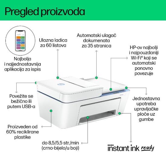 Multifunkcijski tiskalnik HP DeskJet 4222e, 60K29B, tiskalnik/skener/kopirni stroj, 1200dpi, Wi-Fi, USB, Instant Ink, beli