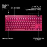 Tipkovnica Logitech Pro X TKL Rapid, mehanička, tactile, RGB, US Layout, USB, roza