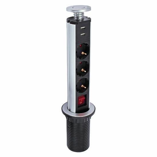 Naponska letva COMMEL, 3 vtičnice, 2xUSB-A, pop-up, 1,8m, črni
