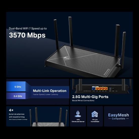 Router TP-LINK Archer BE230 Dual-Band Wi-Fi 7, BE3600, 1xWAN, 4xLAN
