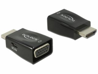 Adapter DELOCK, HDMI (M) na VGA (Ž), micro USB, črni