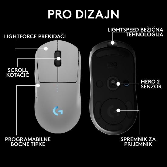 Miška LOGITECH Pro 2 Lightspeed, RGB, optični, brezžični, 32000dpi, beli
