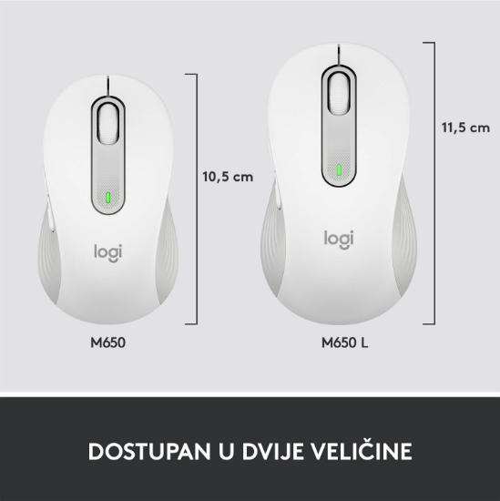 Miška Logitech M650L, brezžični, optični, 4000dpi, USB, BT, beli