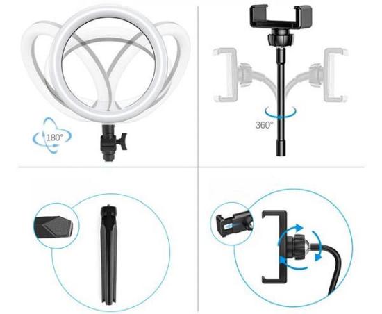 Selfie tripod MANTA, s svjetlosnim prstenom, 19cm, crni