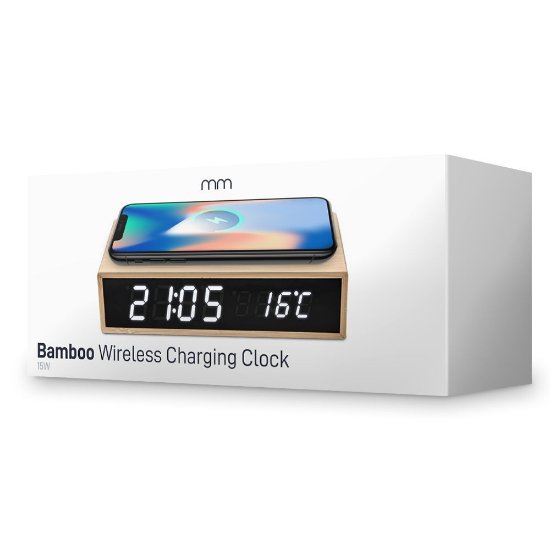 Sat s bežičnim punjačem MIKAMAX Bamboo Wireless Charger Clock