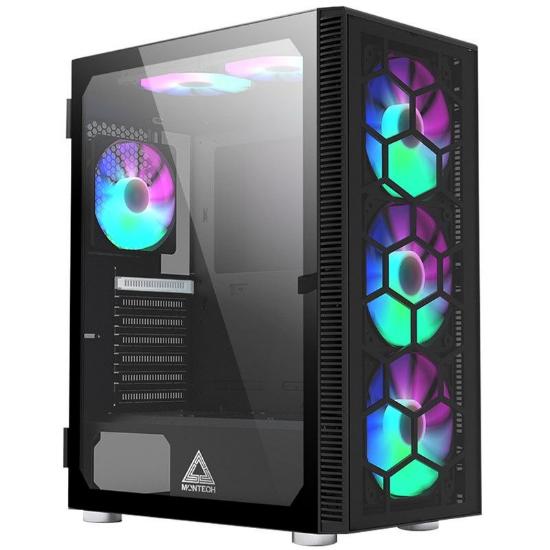 Ohišje MONTECH X3 Glass, s prozornim stranskim panelom, RGB osvetlitvijo, ATX, črno.