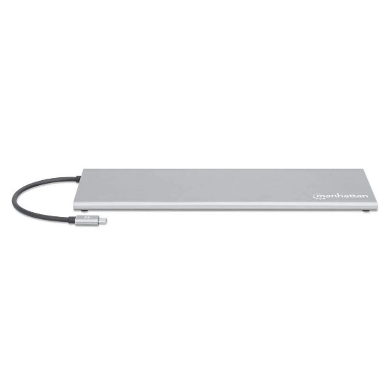 Priklopna postaja MANHATTAN, USB-C (M) na HDMI, Mini DP, VGA, 3xUSB-A, USB-C, Gigabit RJ45, SD/MicroSD bralnik, 3.5mm audio, PD 100W, srebrni