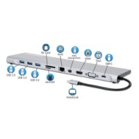 Priklopna postaja MANHATTAN, USB-C (M) na HDMI, Mini DP, VGA, 3xUSB-A, USB-C, Gigabit RJ45, SD/MicroSD bralnik, 3.5mm audio, PD 100W, srebrni
