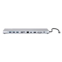 Priklopna postaja MANHATTAN, USB-C (M) na HDMI, Mini DP, VGA, 3xUSB-A, USB-C, Gigabit RJ45, SD/MicroSD bralnik, 3.5mm audio, PD 100W, srebrni