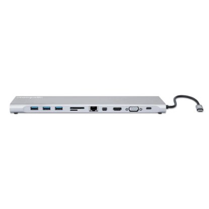 Priklopna postaja MANHATTAN, USB-C (M) na HDMI, Mini DP, VGA, 3xUSB-A, USB-C, Gigabit RJ45, SD/MicroSD bralnik, 3.5mm audio, PD 100W, srebrni