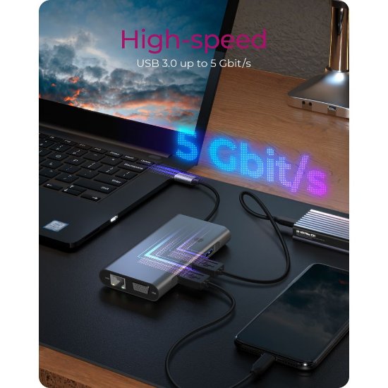 Priklopna postaja ICY BOX IB-DK4040-CPD, USB-C na USB-C PD 100 W, HDMI, VGA, LAN, 3x USB-A, SD/microSD, avdio, črna