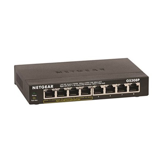 Switch NETGEAR GS308P, 8-portno Gigabit stikalo, 10/100/1000 Mbps, kovinsko ohišje, 4x PoE