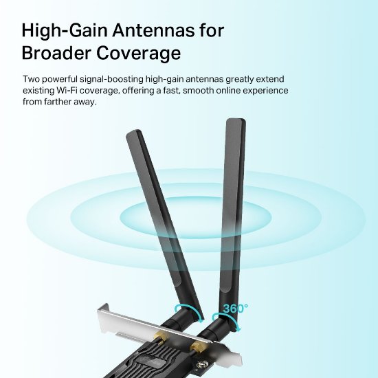 Omrežni adapter TP-LINK Archer TX20E, AX1800, brezžični Dual-Band Wi-Fi 6 BT5.2 PCI-E adapter, 574 Mbps / 1201 Mbps (2,4 GHz / 5 GHz), 802.11ax/ac/n/a/g/b, 2× anteni