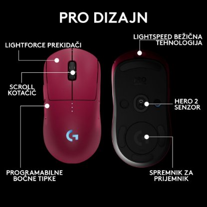 Miška LOGITECH Pro 2 Lightspeed, RGB, optički, bežični, 32000dpi, rozi