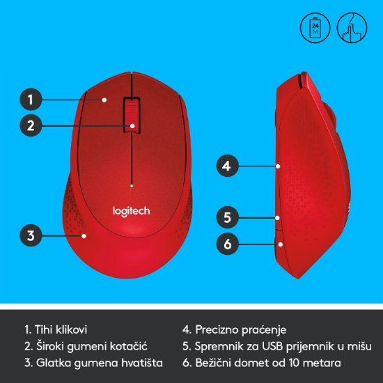Miška LOGITECH M330 Silent Plus, optički, 1000dpi, bežični, rdeči, USB