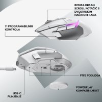 Miš LOGITECH Gaming G502 X Plus RGB, optični, 25000dpi, brezžični, beli, USB