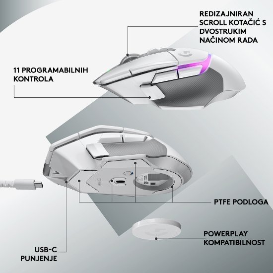 Miš LOGITECH Gaming G502 X Plus RGB, optični, 25000dpi, brezžični, beli, USB