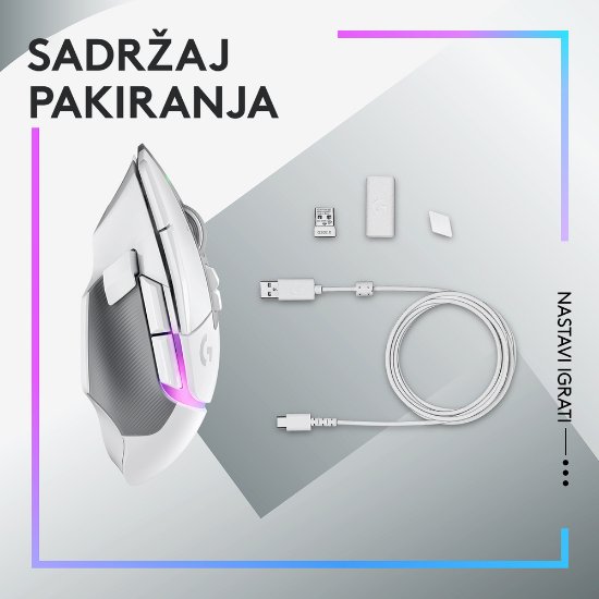 Miš LOGITECH Gaming G502 X Plus RGB, optični, 25000dpi, brezžični, beli, USB