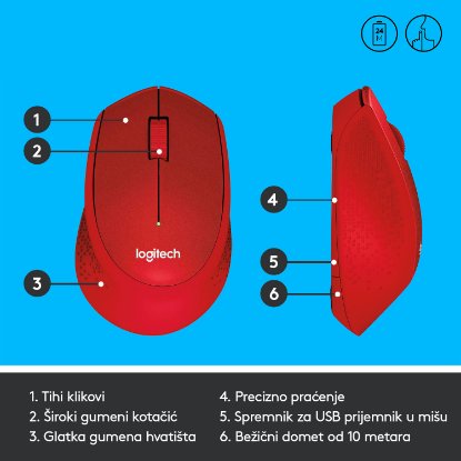 Miška LOGITECH M330 Silent Plus, optički, 1000dpi, bežični, rdeči, USB