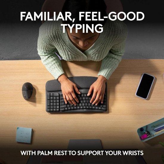 Tipkovnica + miš LOGITECH Wave Keys + Lift, ergonomska, bežična, crna