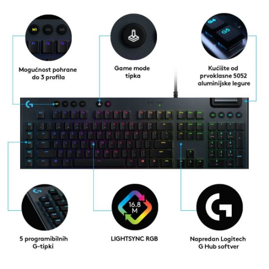 Tipkovnica LOGITECH Gaming G815 Tactile, RGB, mehanička, USB, črna