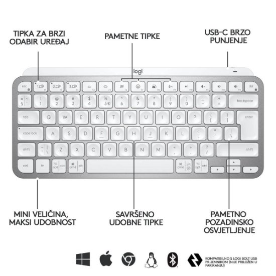 Tipkovnica LOGITECH MX Keys mini, brezžična, BT, srebrna