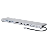 Priklopna postaja MANHATTAN, USB-C (M) na HDMI, Mini DP, VGA, 3xUSB-A, USB-C, Gigabit RJ45, SD/MicroSD bralnik, 3.5mm audio, PD 100W, srebrni