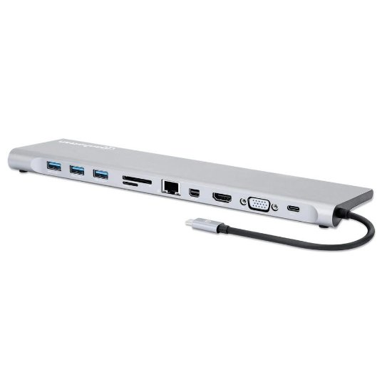 Priklopna postaja MANHATTAN, USB-C (M) na HDMI, Mini DP, VGA, 3xUSB-A, USB-C, Gigabit RJ45, SD/MicroSD bralnik, 3.5mm audio, PD 100W, srebrni