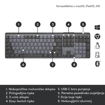 Tipkovnica LOGITECH MX Mechanical Tactile Quiet, brezžična, Bluetooth, črna