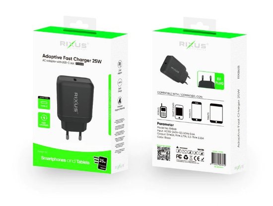 Polnilec RIXUS RX86B, 25W, 1xUSB-C, črni