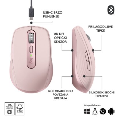 Miška LOGITECH MX Anywhere 3S, laserska, brezžična, BT, roza