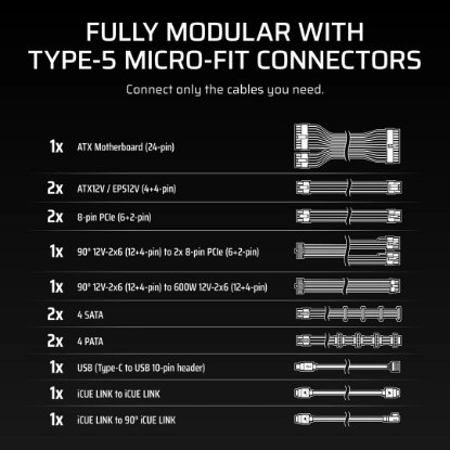 Napajanje 1000W, CORSAIR HX1000i Shift, CP-9020265-EU, ATX v3.1, 140mm vent., 80+ Platinum, modularno