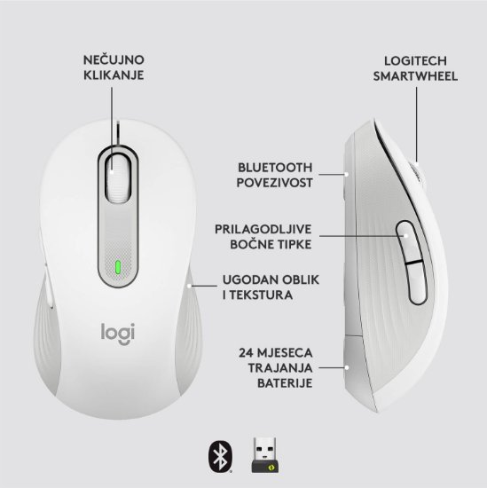 Miška Logitech M650L, brezžična, optični, 4000dpi, USB, BT, bela