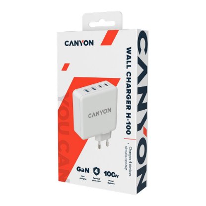 Polnilec CANYON H-100, 100W, 2xUSB-A, 2xUSB-C, QC3.0, GaN, beli