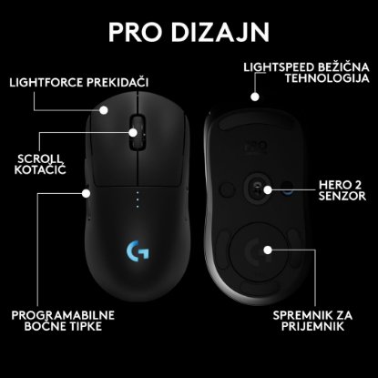 Miška LOGITECH Pro 2 Lightspeed, RGB, optična, brezžična, 32000dpi, črna