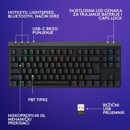 Tipkovnica LOGITECH Gaming G515 Lightspeed TKL, Tactile switch, RGB, mehanička, brezžična, US Layout, USB, črna