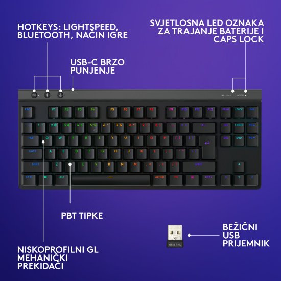 Tipkovnica LOGITECH Gaming G515 Lightspeed TKL, Tactile switch, RGB, mehanička, brezžična, US Layout, USB, črna