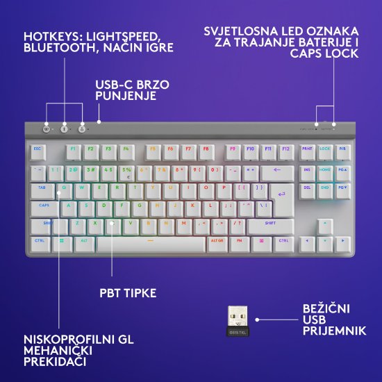 Tipkovnica LOGITECH Gaming G515 Lightspeed TKL, Tactile switch, RGB, mehanička, brezžična, US Layout, USB, bela