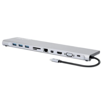 Priklopna postaja MANHATTAN, USB-C (M) na HDMI, Mini DP, VGA, 3xUSB-A, USB-C, Gigabit RJ45, SD/MicroSD bralnik, 3.5mm audio, PD 100W, srebrni