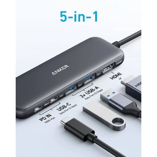 Docking station ANKER 332, USB-C na 2x USB, 2x USB-C, HDMI, crni