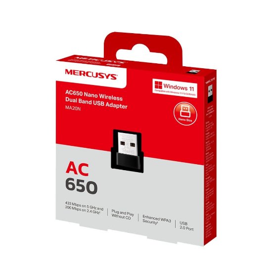 Omrežna kartica adapter USB2.0, MERCUSYS MA20N, 802.11b/g/n/ac, AC650, Dual Band, za brezičnu mrežu
