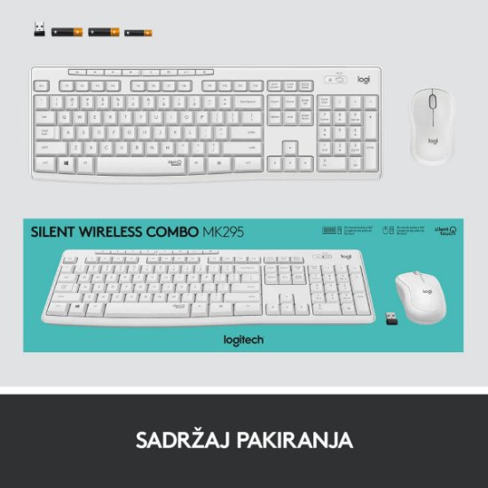 Tipkovnica + miška LOGITECH MK295 Silent Wireless Combo, brezžična, bela, USB