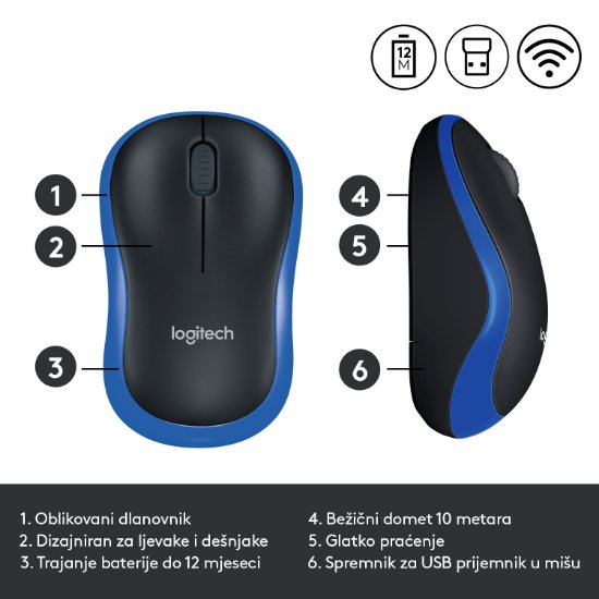 Miška LOGITECH M185, optična, brezžična, 1000dpi, crno-modra