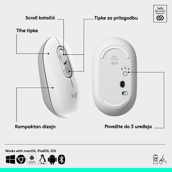 Miška LOGITECH POP, optična, brezžična, USB, BT, 1000dpi, bela