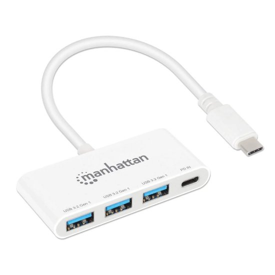 USB HUB MANHATTAN, 3-portni, USB-C na 3x USB-A, USB-C PD 100W, beli