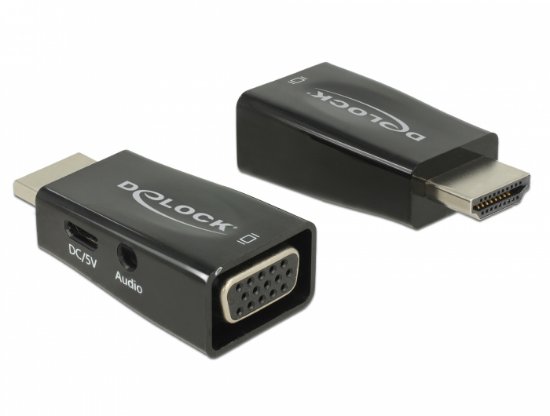 Adapter DELOCK, HDMI (M) na VGA (Ž), micro USB i zvuk, črni