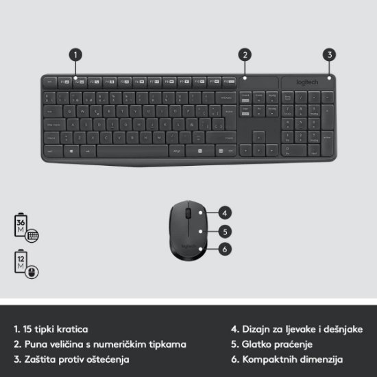 Tipkovnica + miška LOGITECH MK235 Wireless Desktop, brezžična, siva, USB