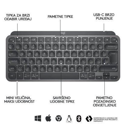 Tipkovnica LOGITECH MX Keys mini, brezžična, BT, siva